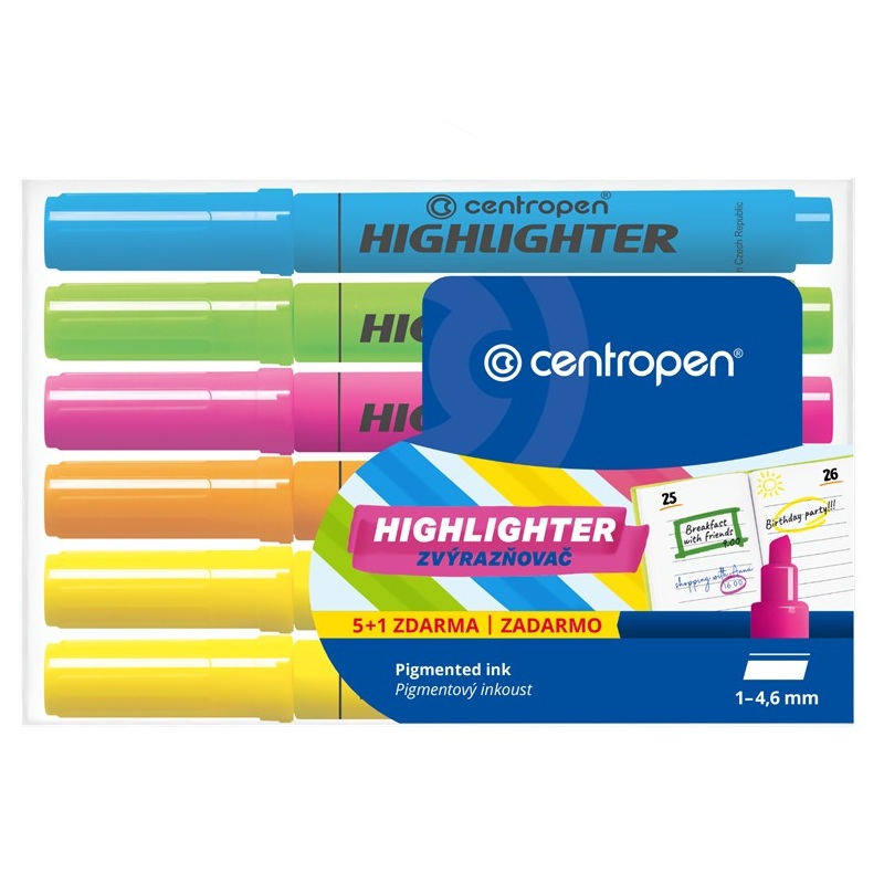 Zvýrazňovač silný CENTROPEN 8552/6, 5ks + 1ks ZDARMA
