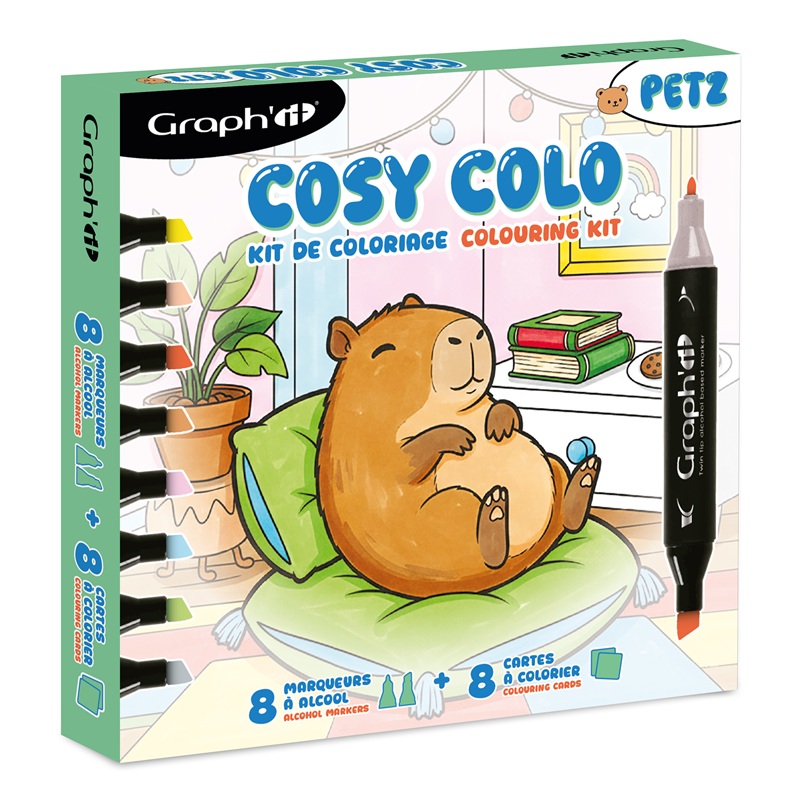 Lihové fixy GRAPH'IT oboustranné Fine & Chisel, 8 ks Cosy Colo Petz + 8 omalovánek