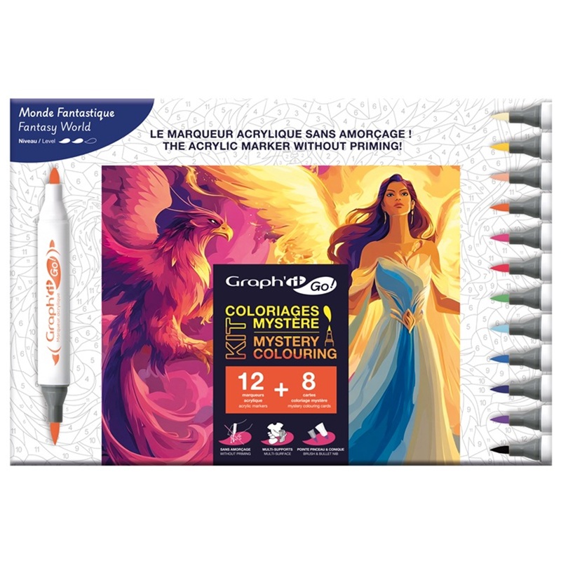 Akrylové fixy GRAPH'IT oboustranné Brush & Fine, 12 ks Fantasy World + 8 omalovánek