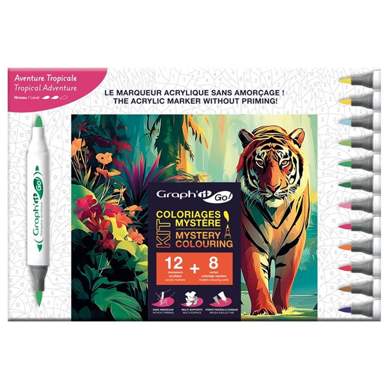 Akrylové fixy GRAPH'IT oboustranné Brush & Fine, 12 ks Tropical Adventure + 8 omalovánek