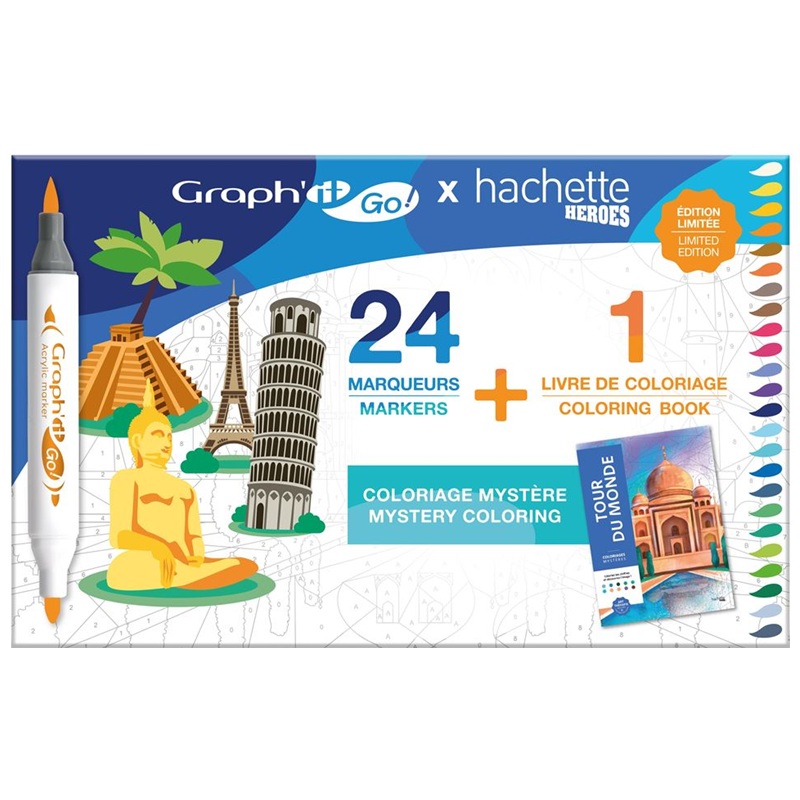 Akrylové fixy GRAPH'IT oboustranné Brush & Fine, 24 ks Around The World + 72 omalovánek