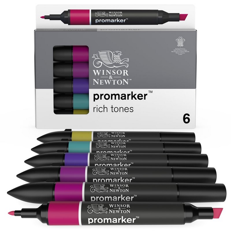 Lihové fixy WINSOR & NEWTON Promarker Fine & Chisel, 6ks RICH TONES