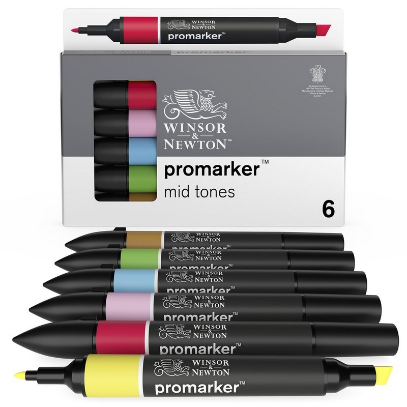 Lihové fixy WINSOR & NEWTON Promarker Fine & Chisel, 6ks MID TONES