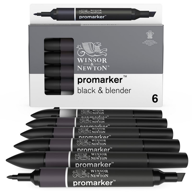 Lihové fixy WINSOR & NEWTON Promarker Fine & Chisel, 6ks BLACK + BLENDER