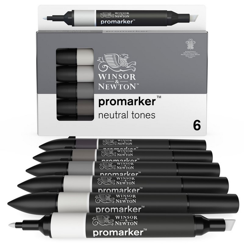 Lihové fixy WINSOR & NEWTON Promarker Fine & Chisel, 6ks NEUTRAL TONES