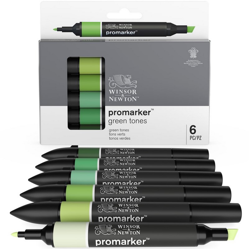 Lihové fixy WINSOR & NEWTON Promarker Fine & Chisel, 6ks GREEN TONES