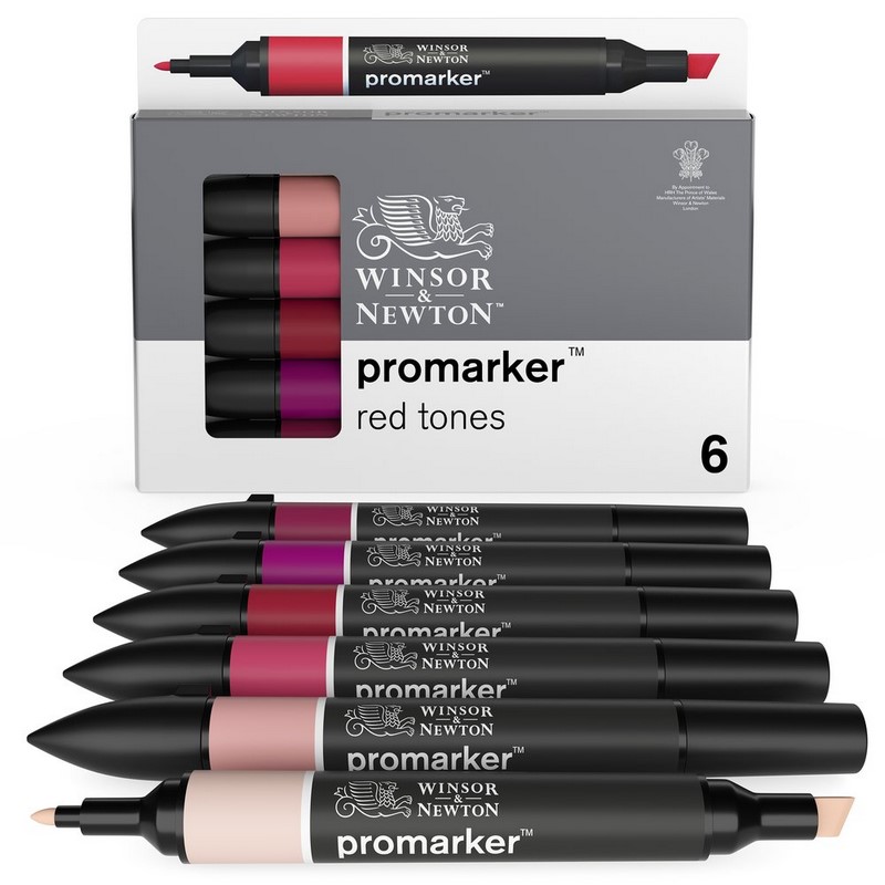 Lihové fixy WINSOR & NEWTON Promarker Fine & Chisel, 6ks RED TONES