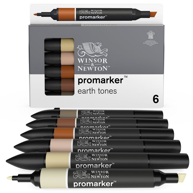Lihové fixy WINSOR & NEWTON Promarker Fine & Chisel, 6ks EARTH TONES