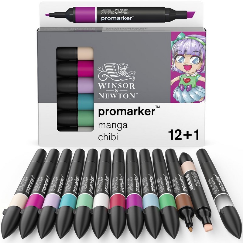 Lihové fixy WINSOR & NEWTON Promarker Fine & Chisel, 12+1ks MANGA CHIBI