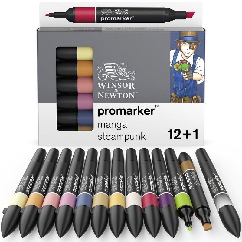 Lihové fixy WINSOR & NEWTON Promarker Fine & Chisel, 12+1ks MANGA STEAMPUNK