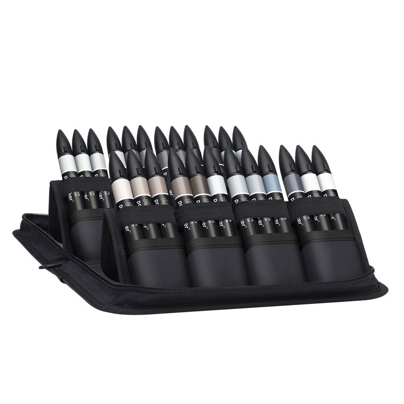 Lihové fixy WINSOR & NEWTON Promarker Fine & Chisel, 24ks BLACK AND GREY v penále
