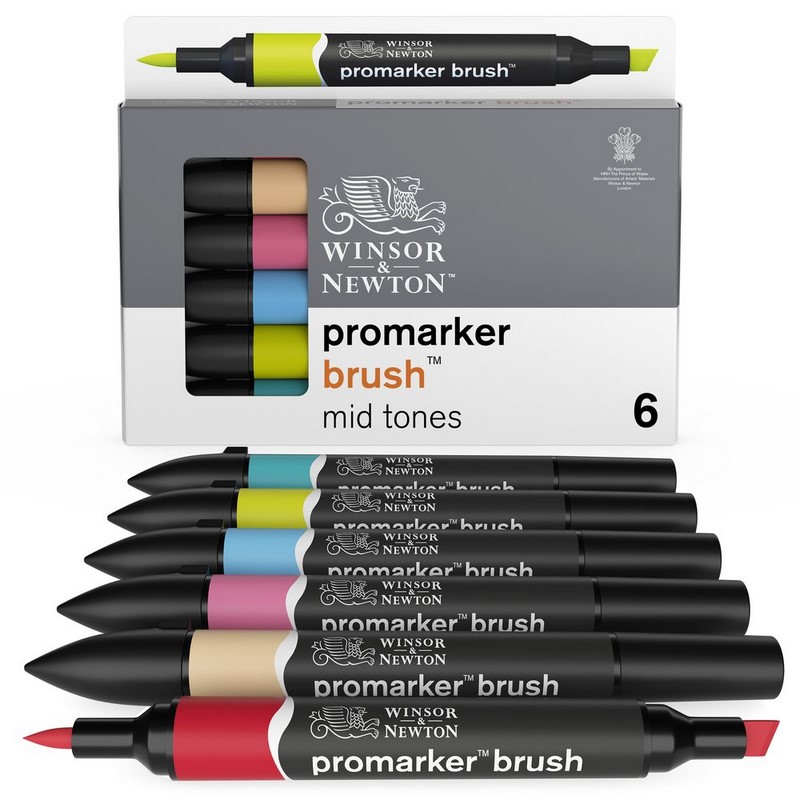 Lihové fixy WINSOR & NEWTON Promarker Brush & Chisel, 6ks MID TONES