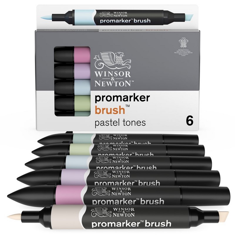 Lihové fixy WINSOR & NEWTON Promarker Brush & Chisel, 6ks PASTEL TONES