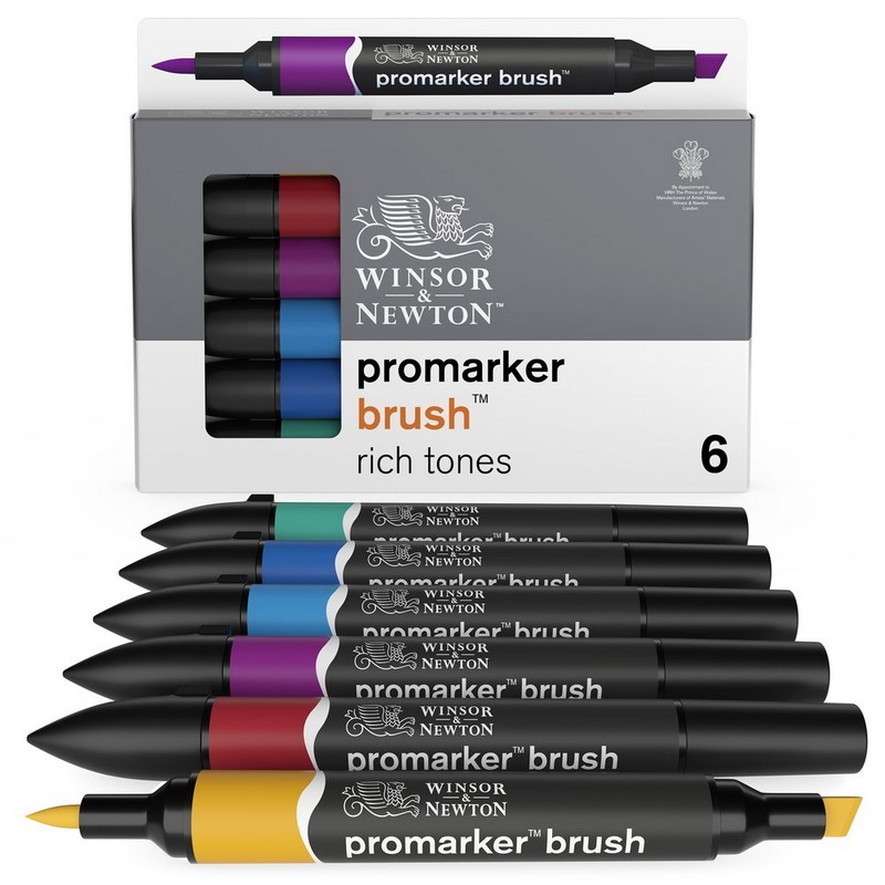 Lihové fixy WINSOR & NEWTON Promarker Brush & Chisel, 6ks RICH TONES