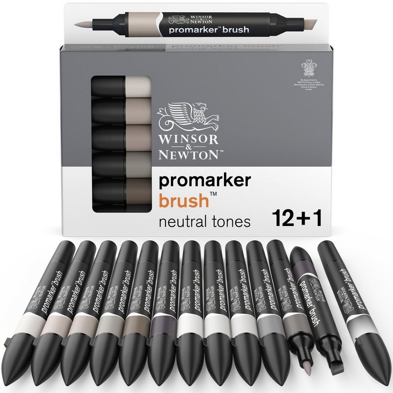 Lihové fixy WINSOR & NEWTON Promarker Brush & Chisel, 12+1ks NEUTRAL TONES