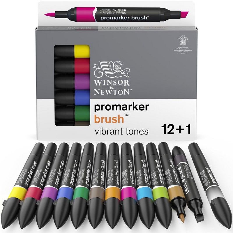 Lihové fixy WINSOR & NEWTON Promarker Brush & Chisel, 12+1ks VIBRANT TONES
