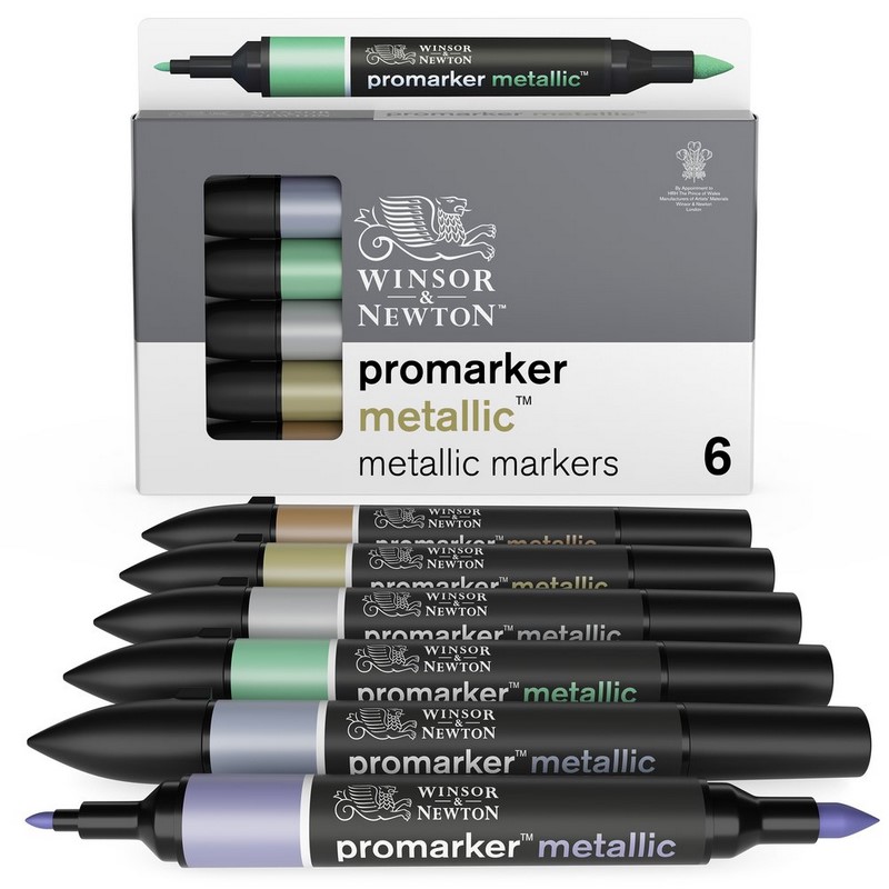 Pigmentové fixy WINSOR & NEWTON Promarker Fine & Round, 6ks METALLIC