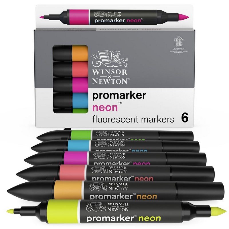 Pigmentové fixy WINSOR & NEWTON Promarker Fine & Round, 6ks NEON