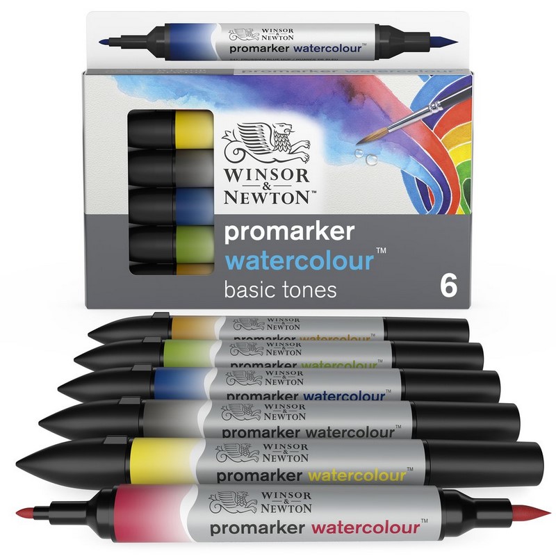 Akvarelové fixy WINSOR & NEWTON Promarker Brush & Fine, 6ks BASIC
