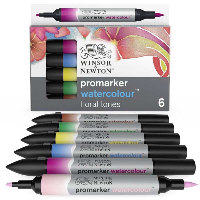 Akvarelové fixy WINSOR & NEWTON Promarker Brush & Fine, 6ks FLORAL