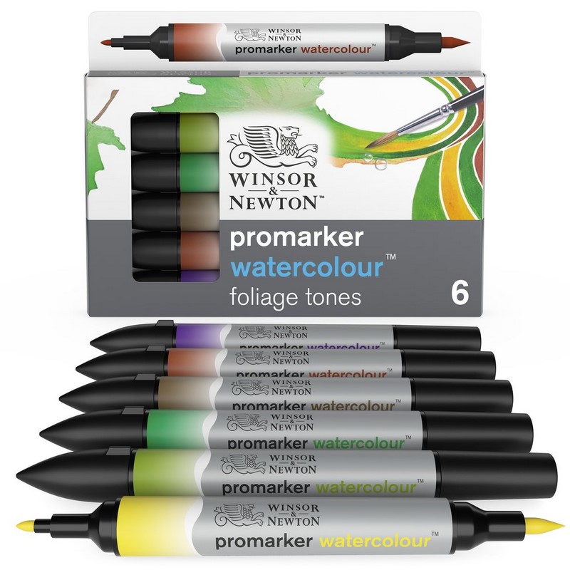 Akvarelové fixy WINSOR & NEWTON Promarker Brush & Fine, 6ks FOLIAGE TONES