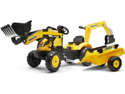 FALK Šlapací traktor 2076N Komatsu s nakladačem, rypadlem a vlečkou - žlutý