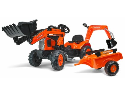Falk šlapací traktor 2065N Kubota backhoe s předním bagrem a přívěsem s otočným bagrem