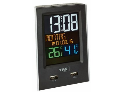 TFA 60.2537.01 - Rádiem řízený budík s ukazatelem vnitřní teploty a vlhkosti a USB výstupem pro dobíjení mobilních zařízení