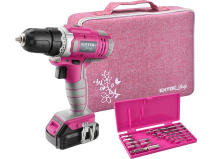 Vrtací šroubovák aku, růžový, 12V Li-ion, 1300mAh, sada v tašce 402401 EXTOL-LADY