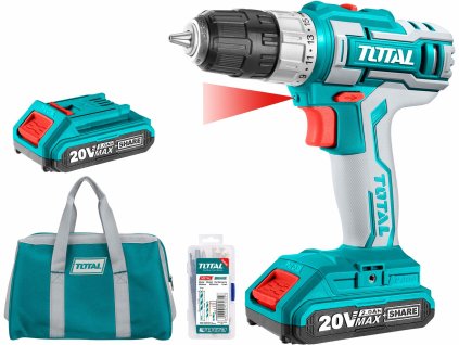 Vrtací šroubovák aku, 2x2000mAh, 20V Li-Ion, v tašce, sada 47ks, nabíječka 2h, TOTAL-TOOLS
