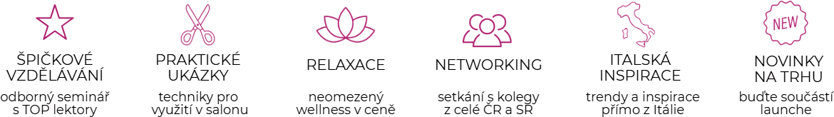 Špičkové vzdělávání · Praktické ukázky · Relaxace · Networking · Italská inspirace · Novinky na trhu
