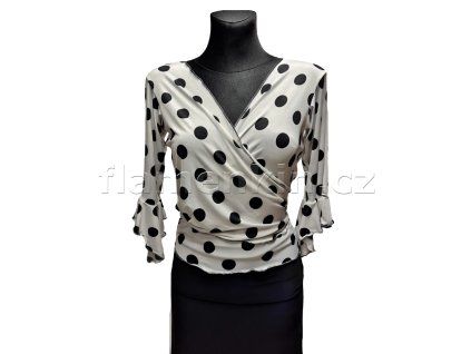White 3/4 Sleeve Tie Top with Black Polka Dots