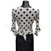 White 3/4 Sleeve Tie Top with Black Polka Dots