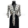White 3/4 Sleeve Tie Top with Black Polka Dots