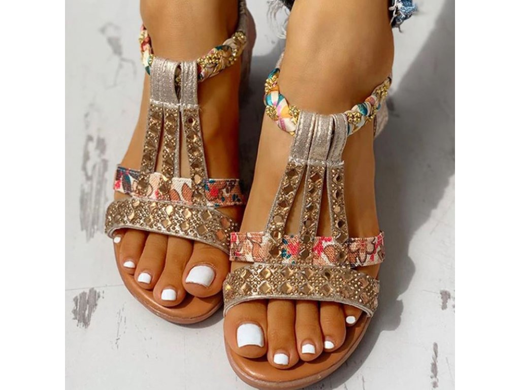 Boty - dámské boty - dámské letní sandály na klínku zdobené kamínky -  dámské sandály - dárky pro ženu - FLARO.CZ