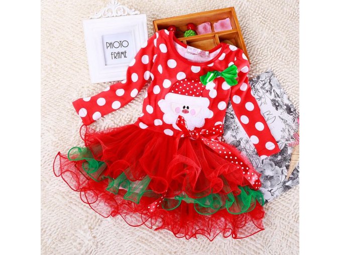 Dětské oblečení- dívčí šaty s Vánočním motivem santa červené