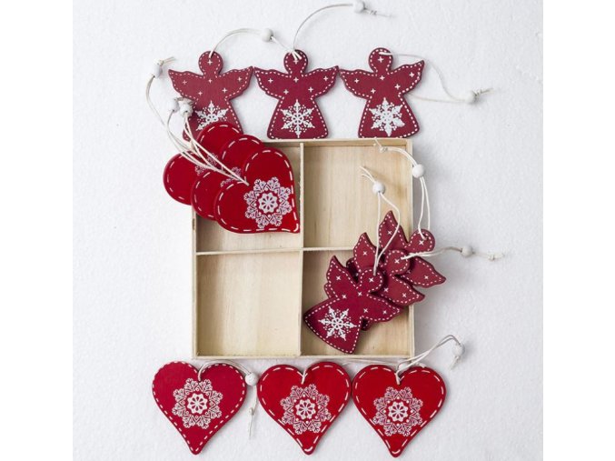 Vánoční dekorace- dřevěná Vánoční sada ozdob anděl a srdce na stromeček nebo okna 12ks- Vánoce inspirace