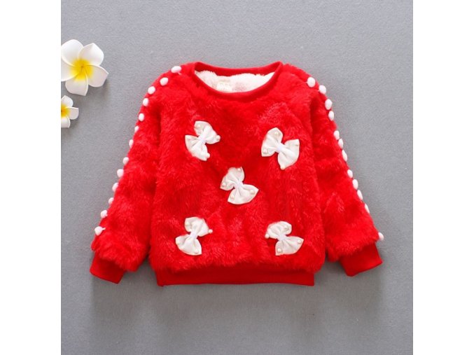 Dětské oblečení- dívčí huňatý teplý svetr červený s mašličkami- VÝPRODEJ SKLADU