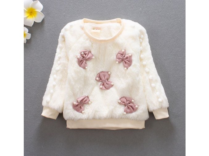 Dětské oblečení- dívčí huňatý teplý svetr bílý s mašličkami- VÝPRODEJ SKLADU