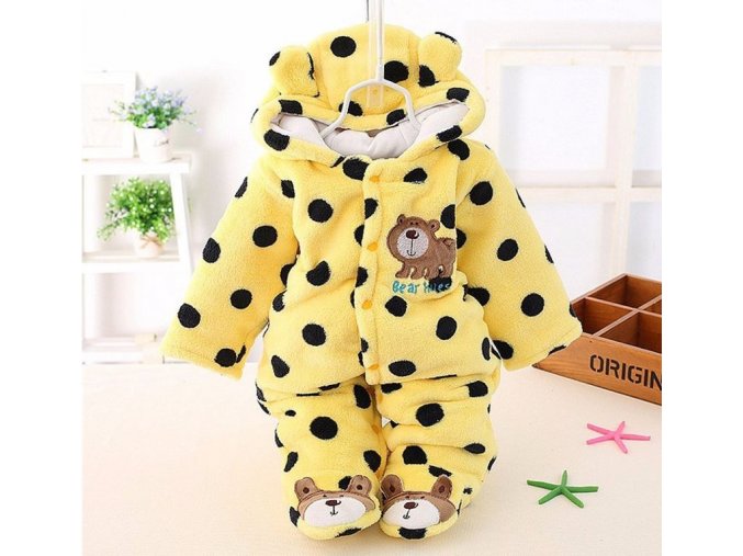 Dětské oblečení- overal zimní kojenecký žlutý s puntíky- VÝPRODEJ SKLADU