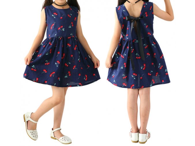 Dětské dívčí letní šaty s třešněmi- modré, bílé