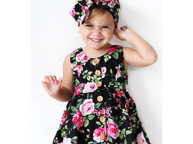 Dětské dívčí letní set šaty kytkované s čelenkou