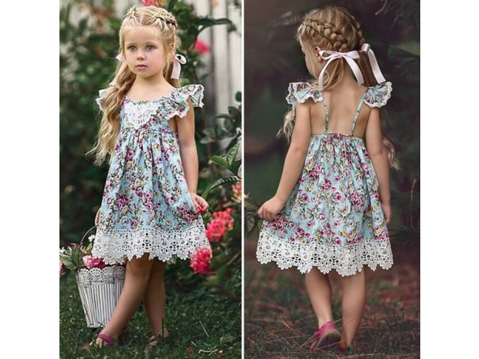 Dívčí letní šaty s krajkou a volánkovými rukávy