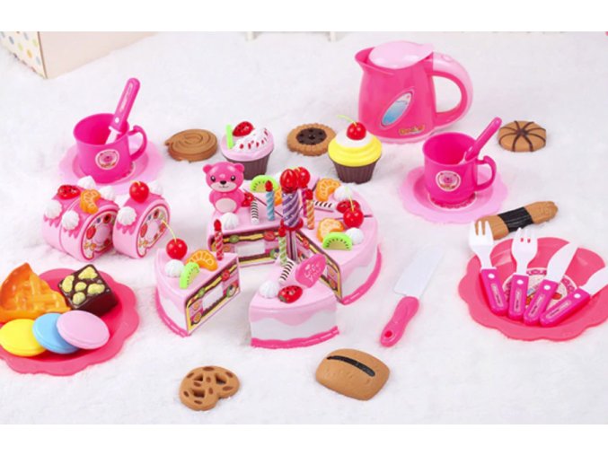 Dětské hračky- 80 ks nádobí a potravin do dětské kuchyňky- růžové, modré