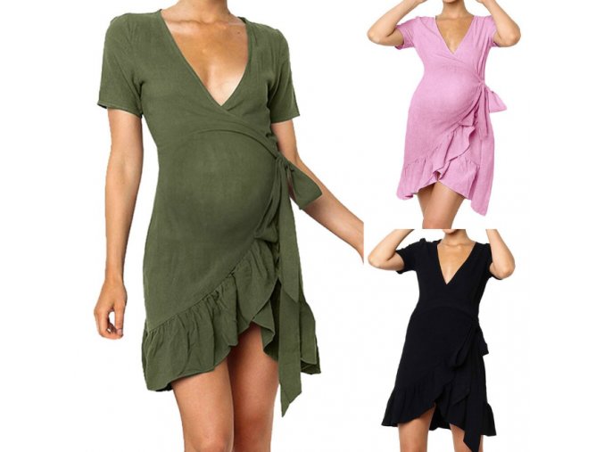 Těhotenské oblečení- zavinovací šaty s volánky- 3 barvy