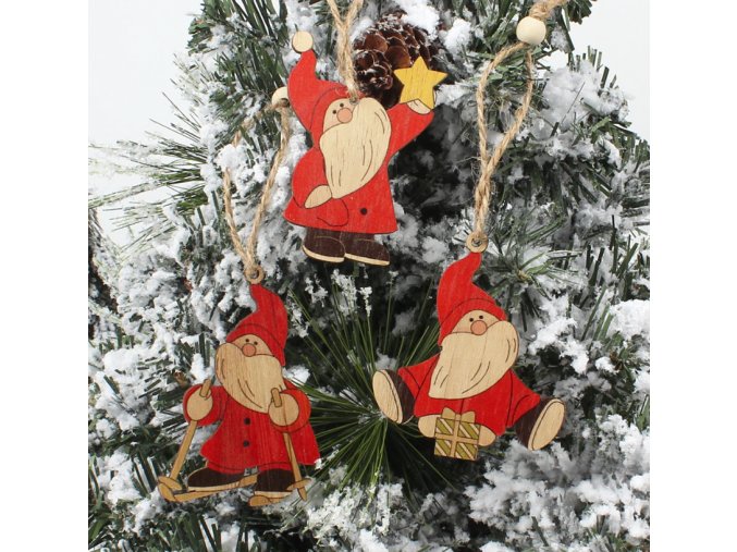 Vánoční dekorace - Set dřevěné ozdoby na stromeček Santa- 2 varianty