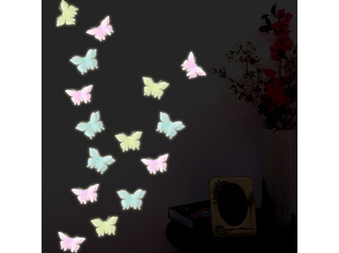 Dekorace- Samolepky na zeď Motýlci svítící ve tmě 6ks- 3 barvy