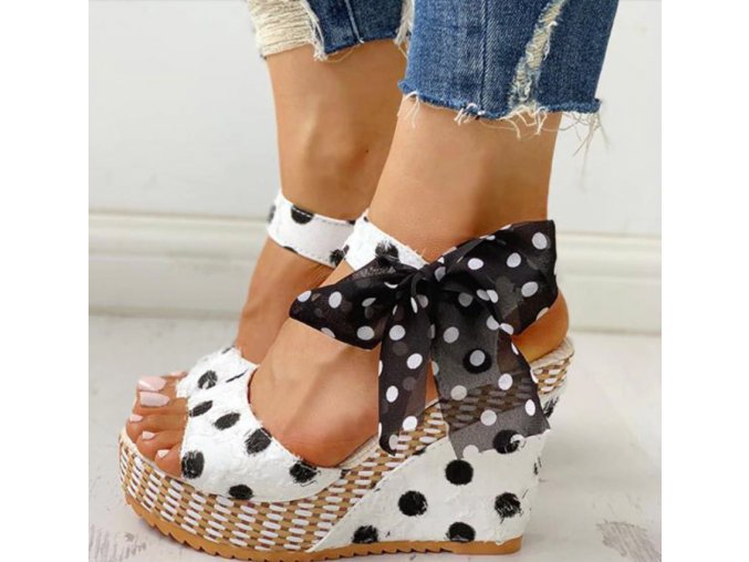 Dámské boty- dámské sandály na klínu s mašličkou černé a bílé