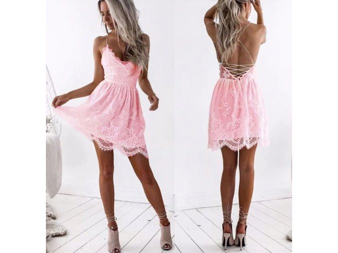 Dámské letní luxusní krajkové růžové šaty