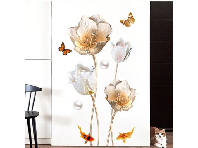 Dekorace - tapeta - samolepky na zeď - nástěnná dekorace - samolepka na zeď se vzorem květin a motýlů a ryb